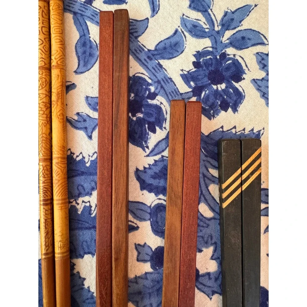 Vintage Assorted‎ Chopsticks Set 9 Pairs Bamboo Carved Wood Lacquer Inlaid Decor